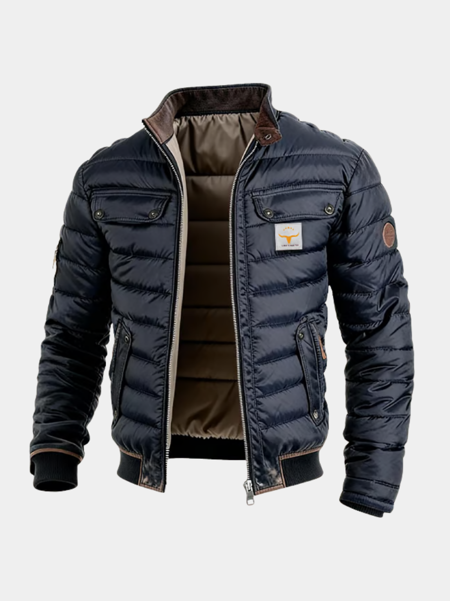 Men's Quilted Padded Jacket with High Collar and Zip Pockets