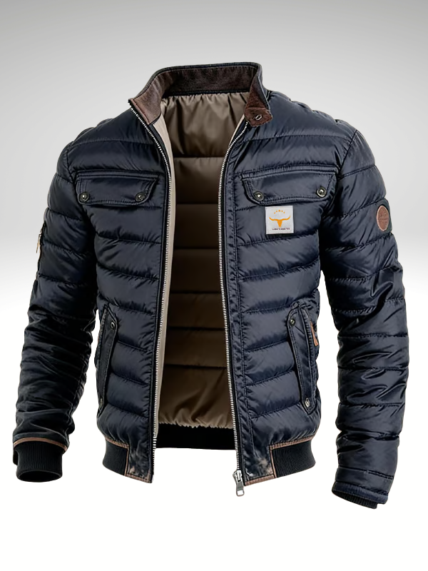 Men's Quilted Padded Jacket with High Collar and Zip Pockets Navy