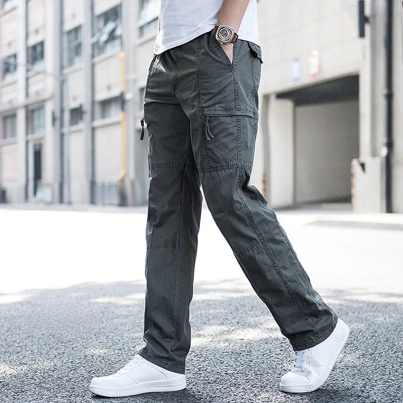 Men's Relaxed Stretch Cargo Trousers with Elastic Waist Army Grey