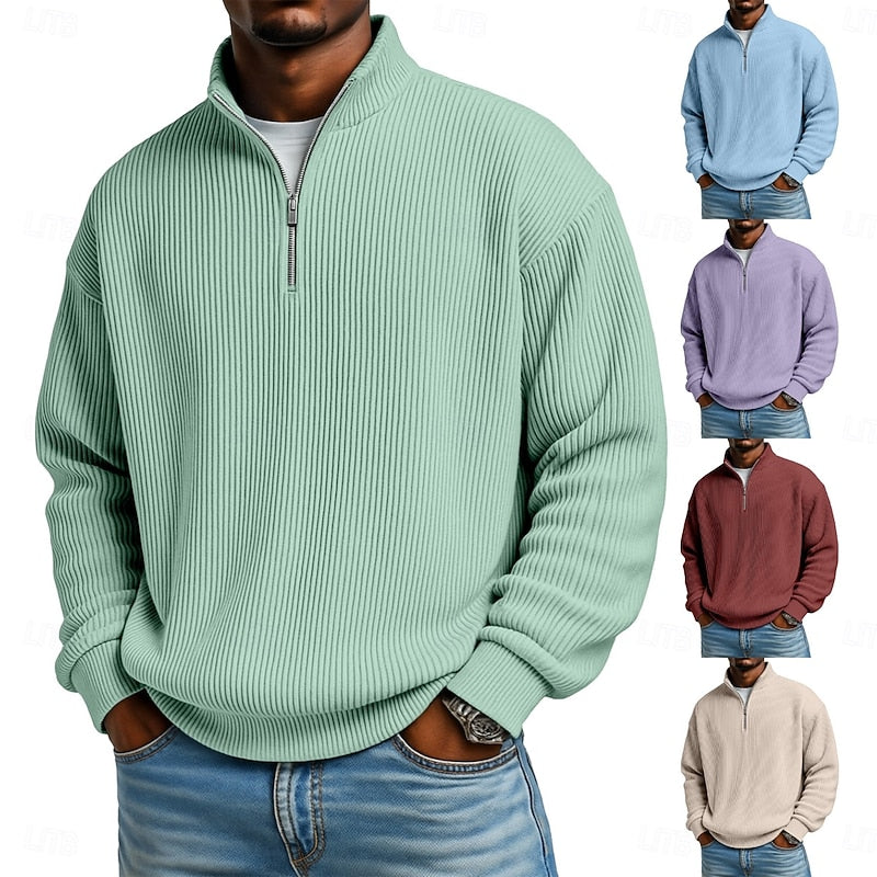 Men's Ribbed Quarter Zip Jumper with Stand Collar