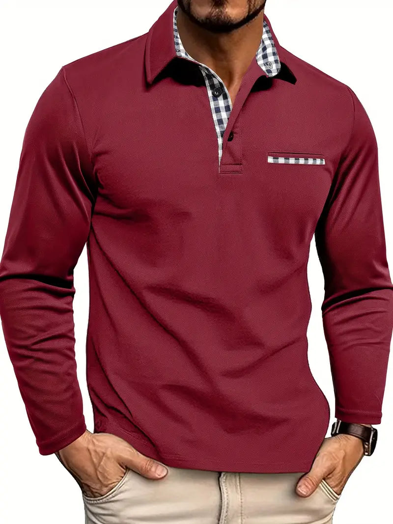 Men's Smart Casual Long Sleeve Polo Shirt with Classic Fit Red
