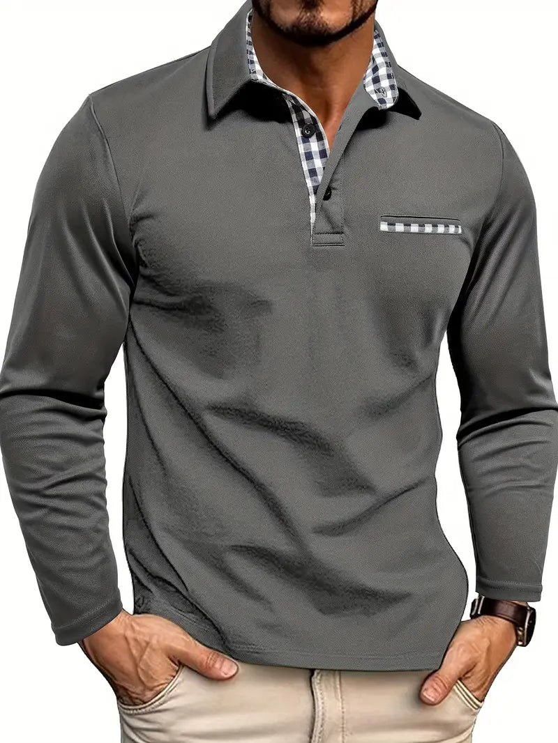 Men's Smart Casual Long Sleeve Polo Shirt with Classic Fit Grey
