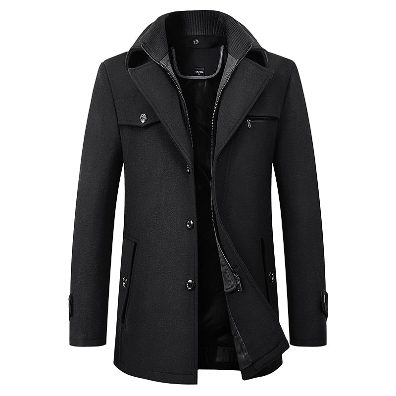 Men's Tailored Business Coat with Double Layer Stand Collar Black