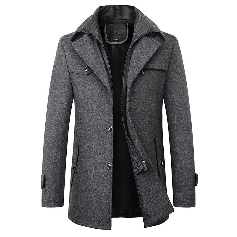 Men's Tailored Business Coat with Double Layer Stand Collar Grey