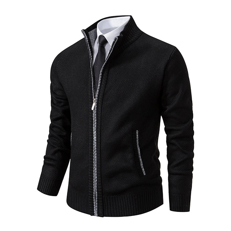 Men's Textured Full Zip Cardigan with Ribbed Collar and Pockets Black