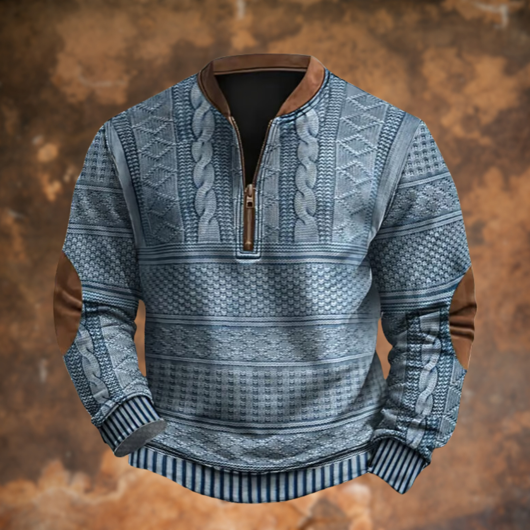 Men's Textured Half Zip Jumper with Contrast Elbow Patches Blue