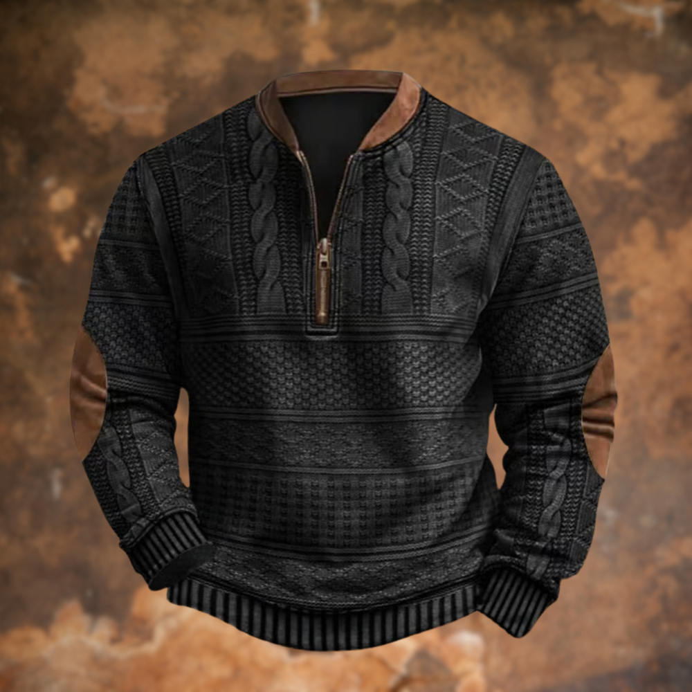 Men's Textured Half Zip Jumper with Contrast Elbow Patches Black