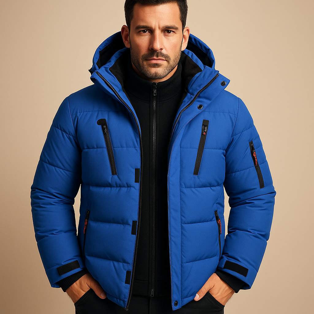 Men's Thick Padded Winter Jacket with Zip Closure Blue