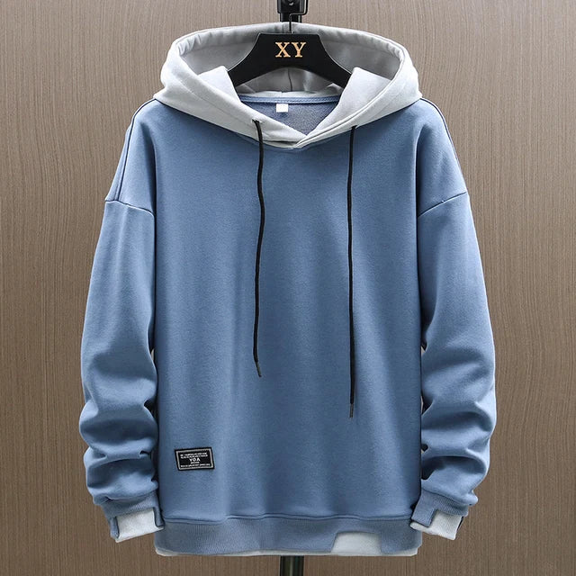 Men's Two-Tone Pullover Hoodie with Relaxed Fit Blue