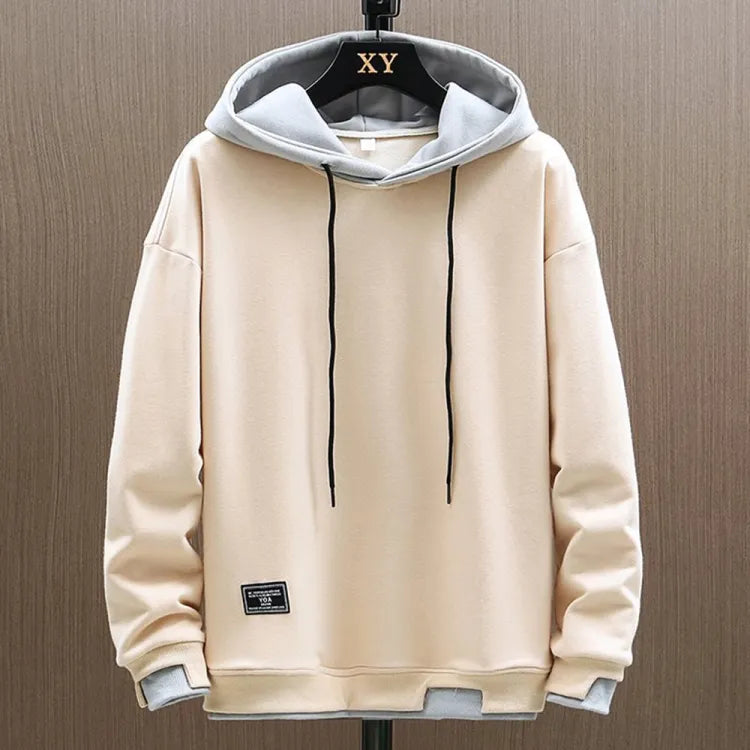 Men's Two-Tone Pullover Hoodie with Relaxed Fit Beige