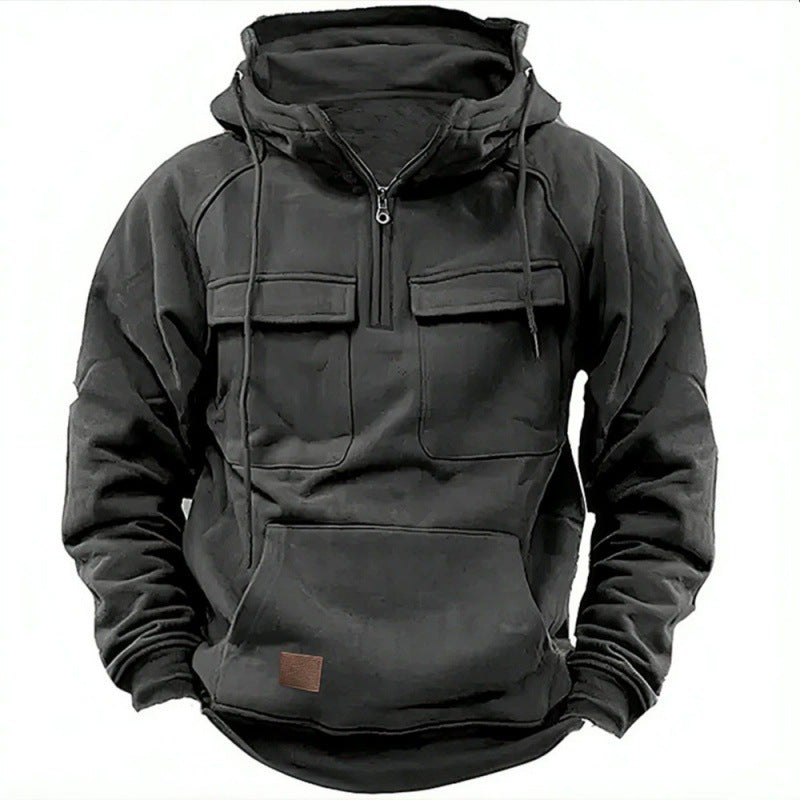 Men's Utility Half Zip Hoodie with Multi Pocket Design Dark Grey