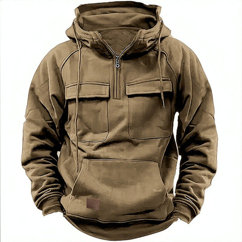 Men's Utility Half Zip Hoodie with Multi Pocket Design Khaki