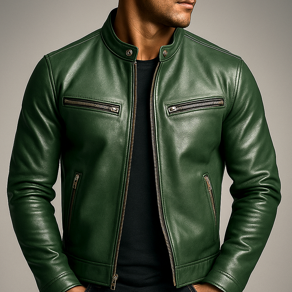 Men's Vintage Style Zip Jacket with Four Pocket Design Green