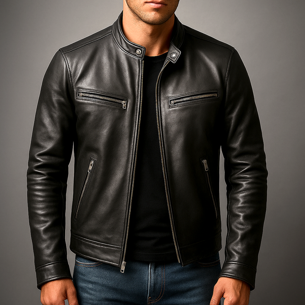 Men's Vintage Style Zip Jacket with Four Pocket Design Black