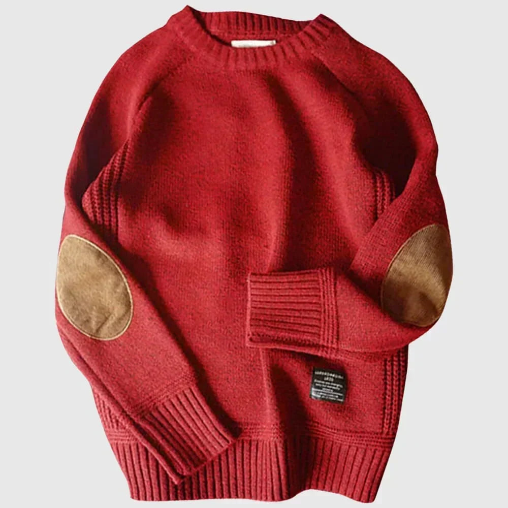 Men's Warm Crew Neck Jumper with Elbow Patches Red