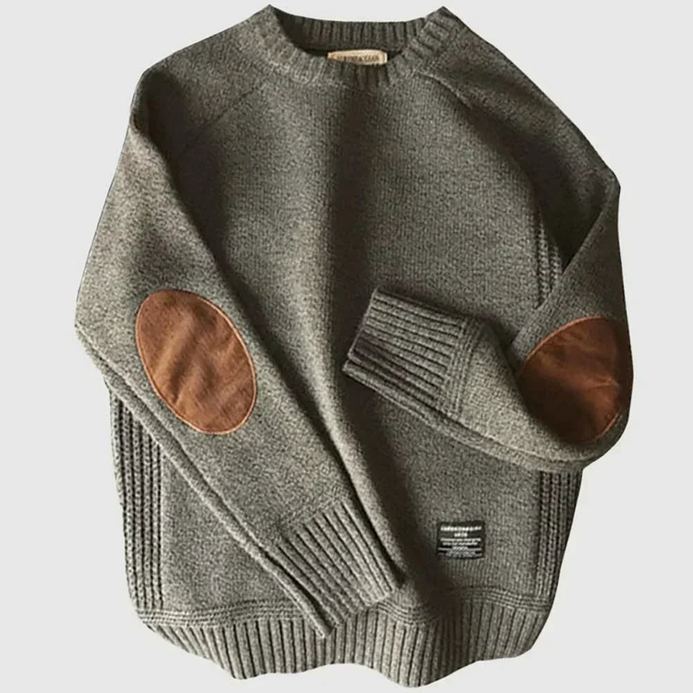 Men's Warm Crew Neck Jumper with Elbow Patches Grey