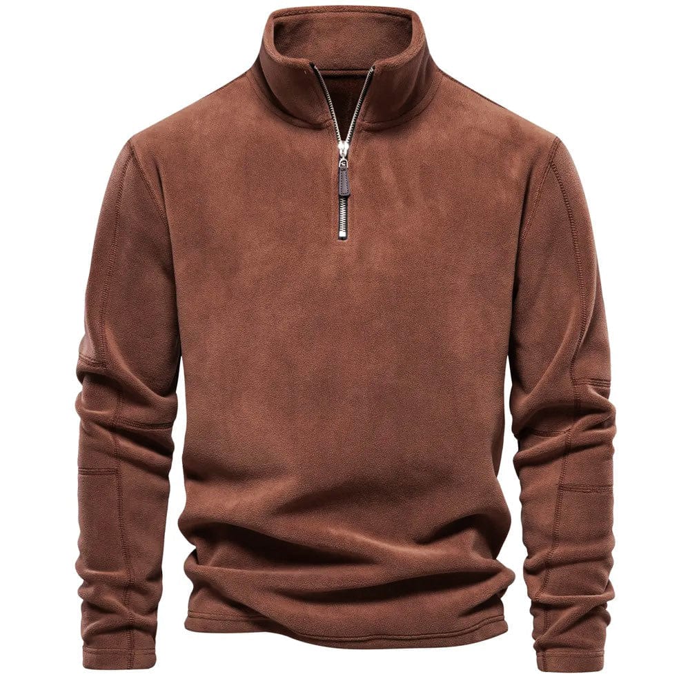 Men's Warm Quarter Zip Sweatshirt with Tall Collar Brown