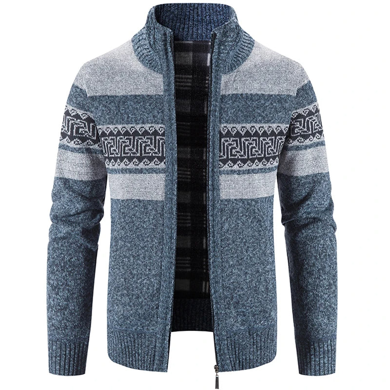 Men's Warm Zip-Up Cardigan Jacket with Stand Collar Blue