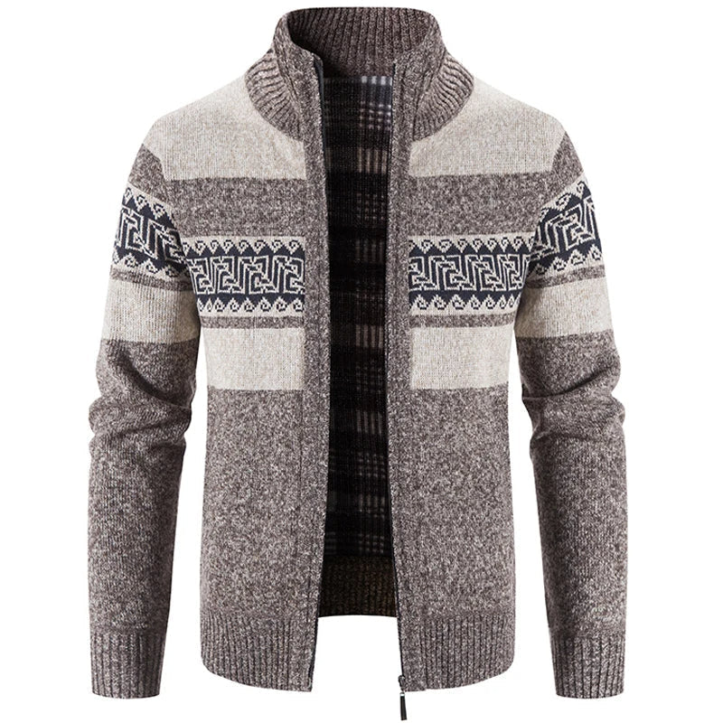 Men's Warm Zip-Up Cardigan Jacket with Stand Collar Taupe