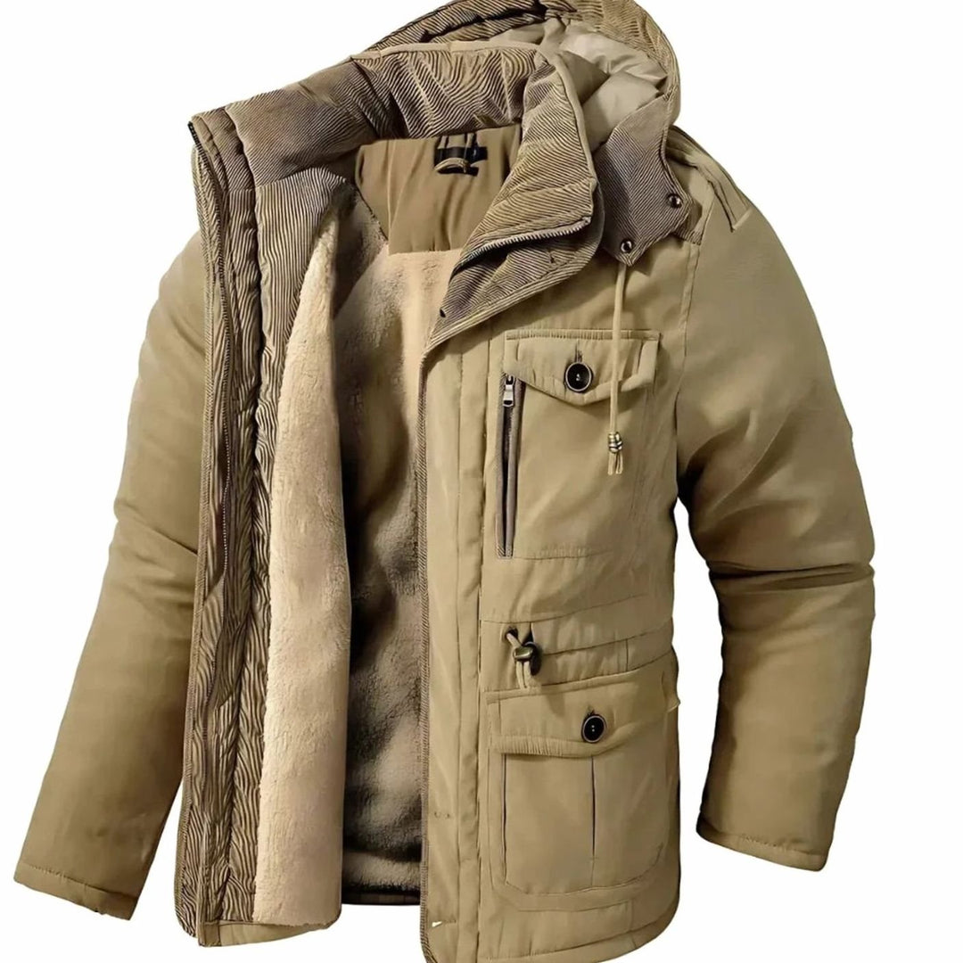 Men's Waterproof Windproof Winter Jacket with Detachable Hood Khaki