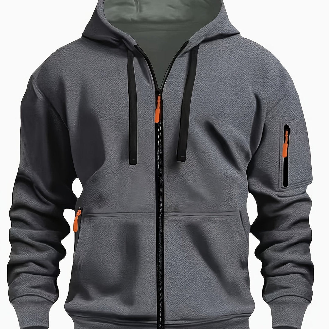 Men's Zip-Up Hoodie with Drawstring Hood and Sleeve Pocket Dark Grey