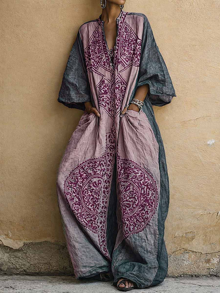Pauline | Vintage Print V-Neck Three-Quarter Sleeve Jumpsuit