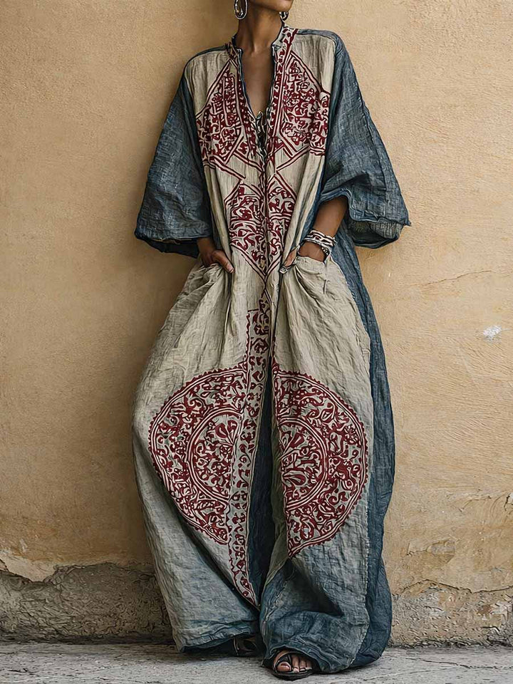 Pauline | Vintage Print V-Neck Three-Quarter Sleeve Jumpsuit