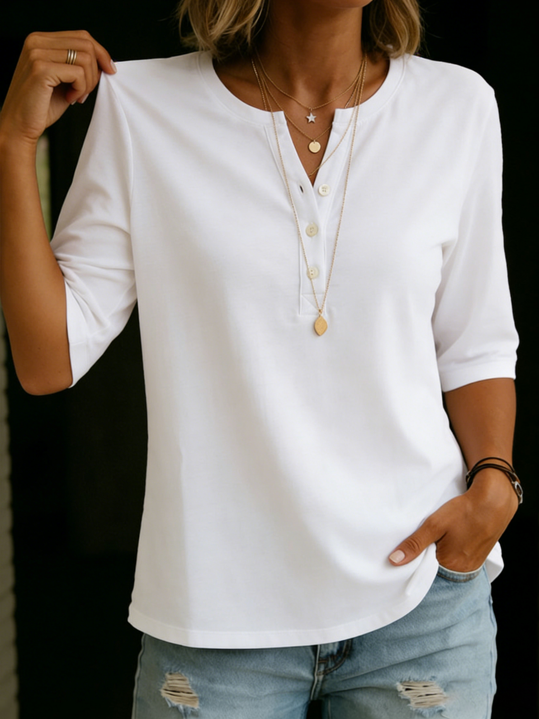 Lesley | Comfortable Solid Button Neck Henley Top