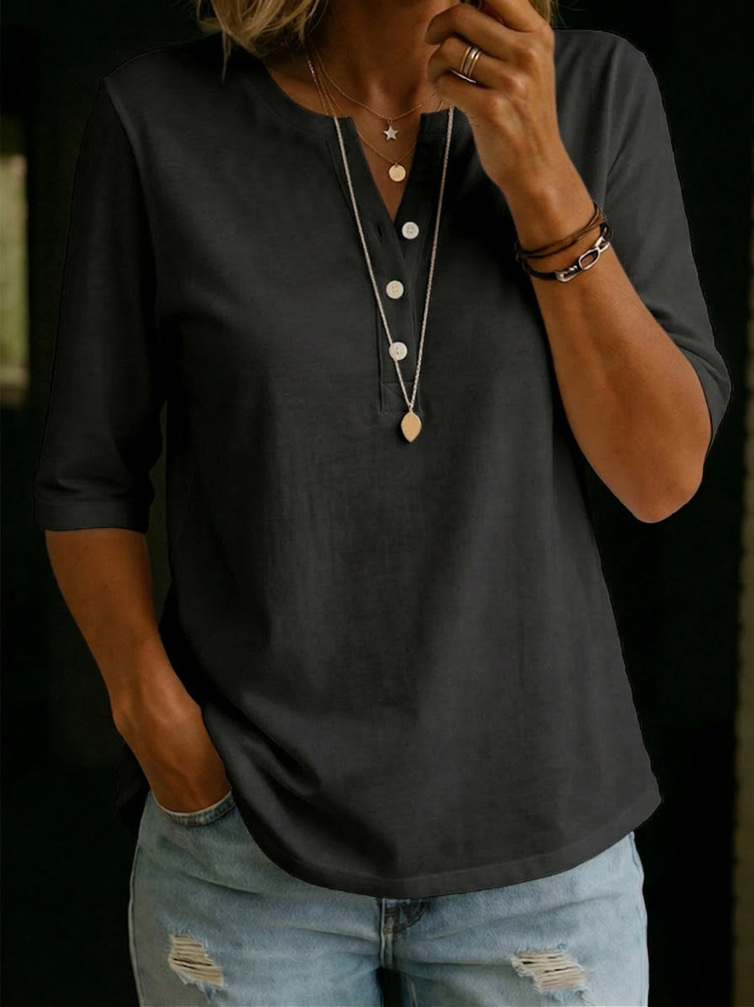 Lesley | Comfortable Solid Button Neck Henley Top