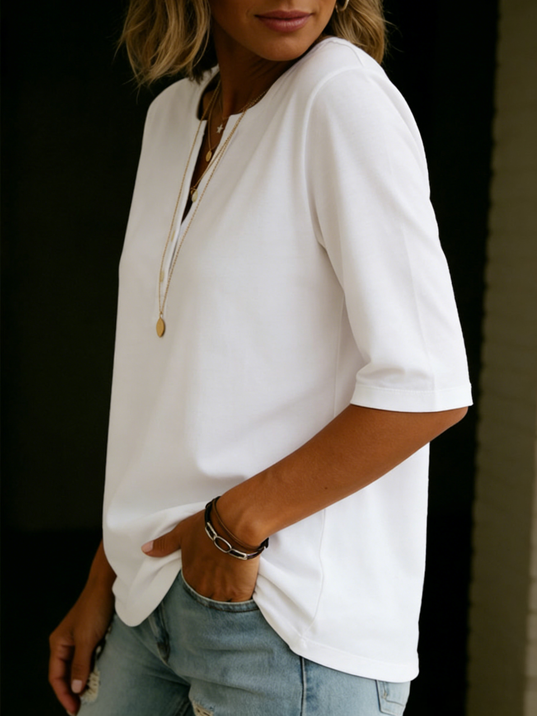 Lesley | Comfortable Solid Button Neck Henley Top