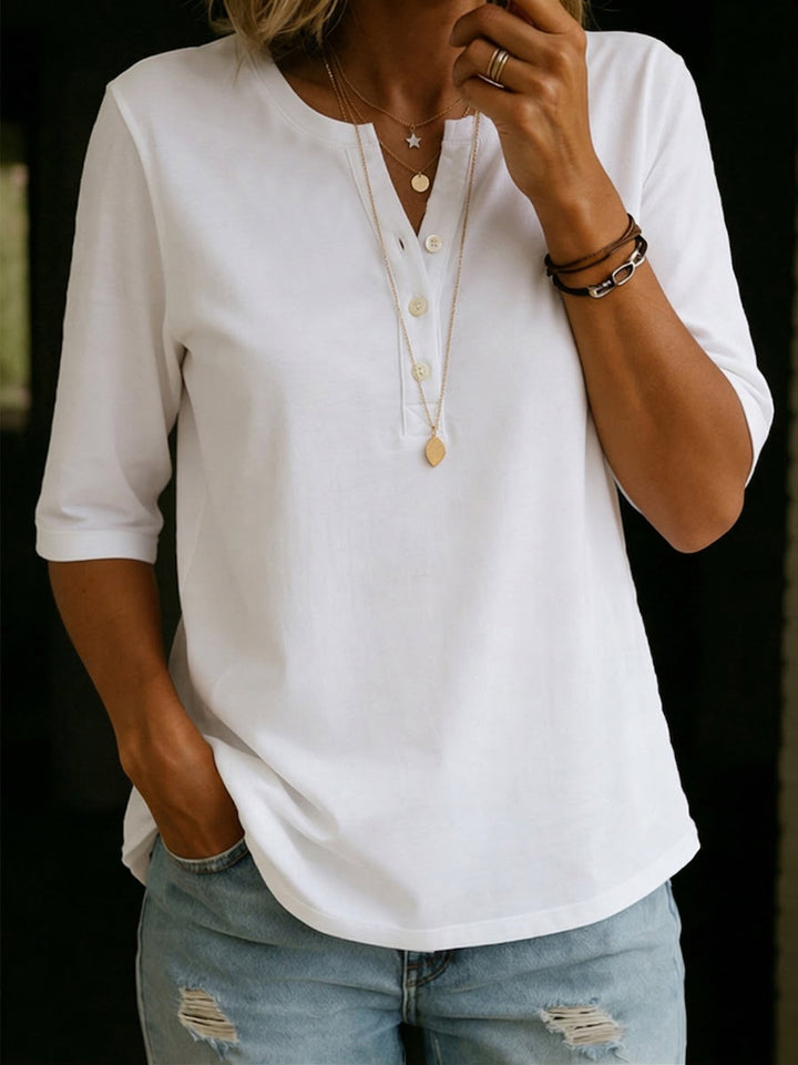 Lesley | Comfortable Solid Button Neck Henley Top