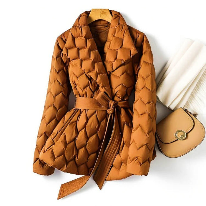 Women's Belted Quilted Jacket with Wrap Front and Open Collar Caramel Brown