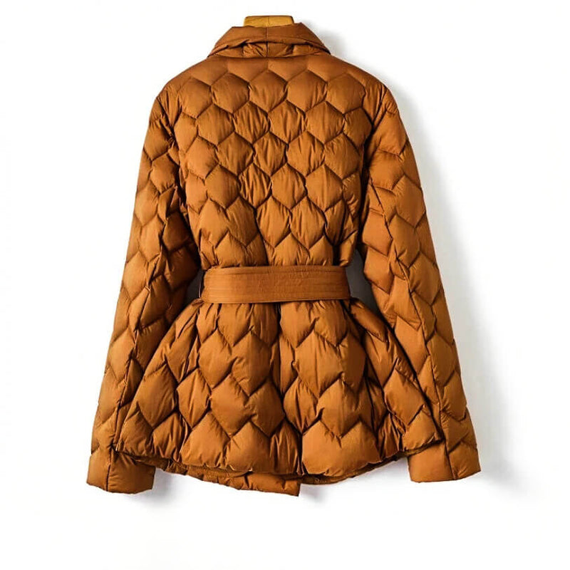 Women's Belted Quilted Jacket with Wrap Front and Open Collar