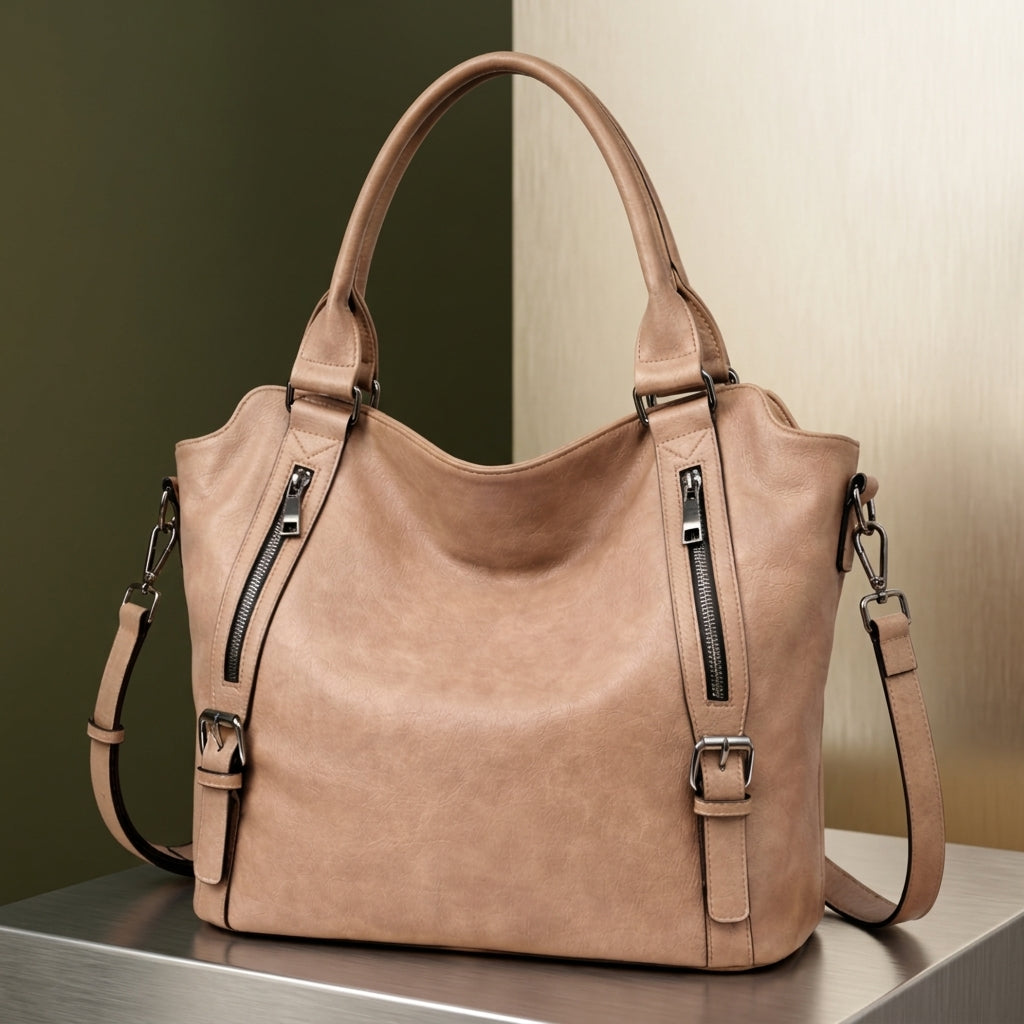 Women's Buckled Tote Bag with Front Zip Pockets and Detachable Strap Light Brown