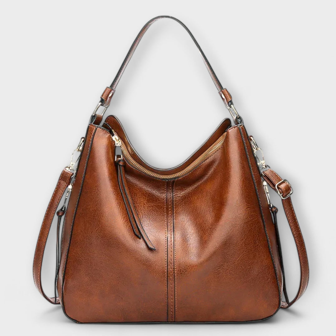 Women's Classic Shoulder Bag with Zip Details and Tassel Pull Brown