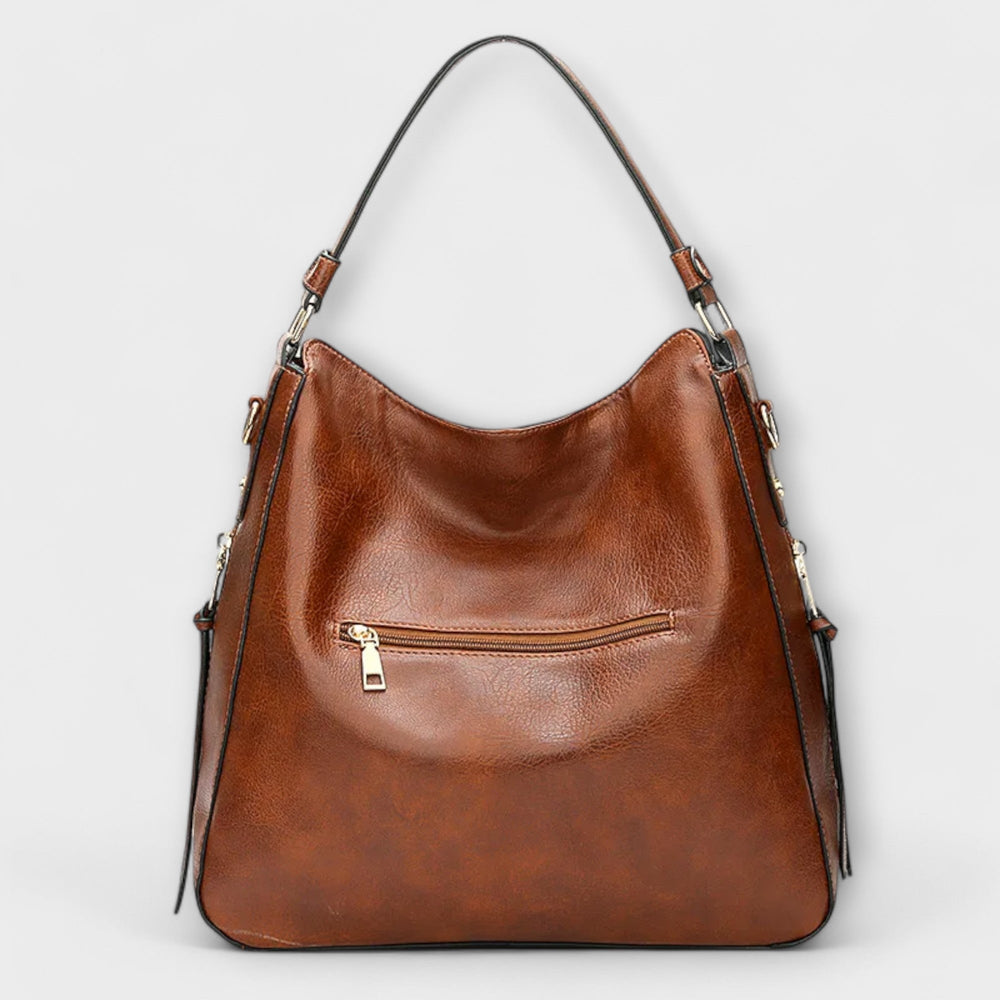 Women's Classic Shoulder Bag with Zip Details and Tassel Pull Brown