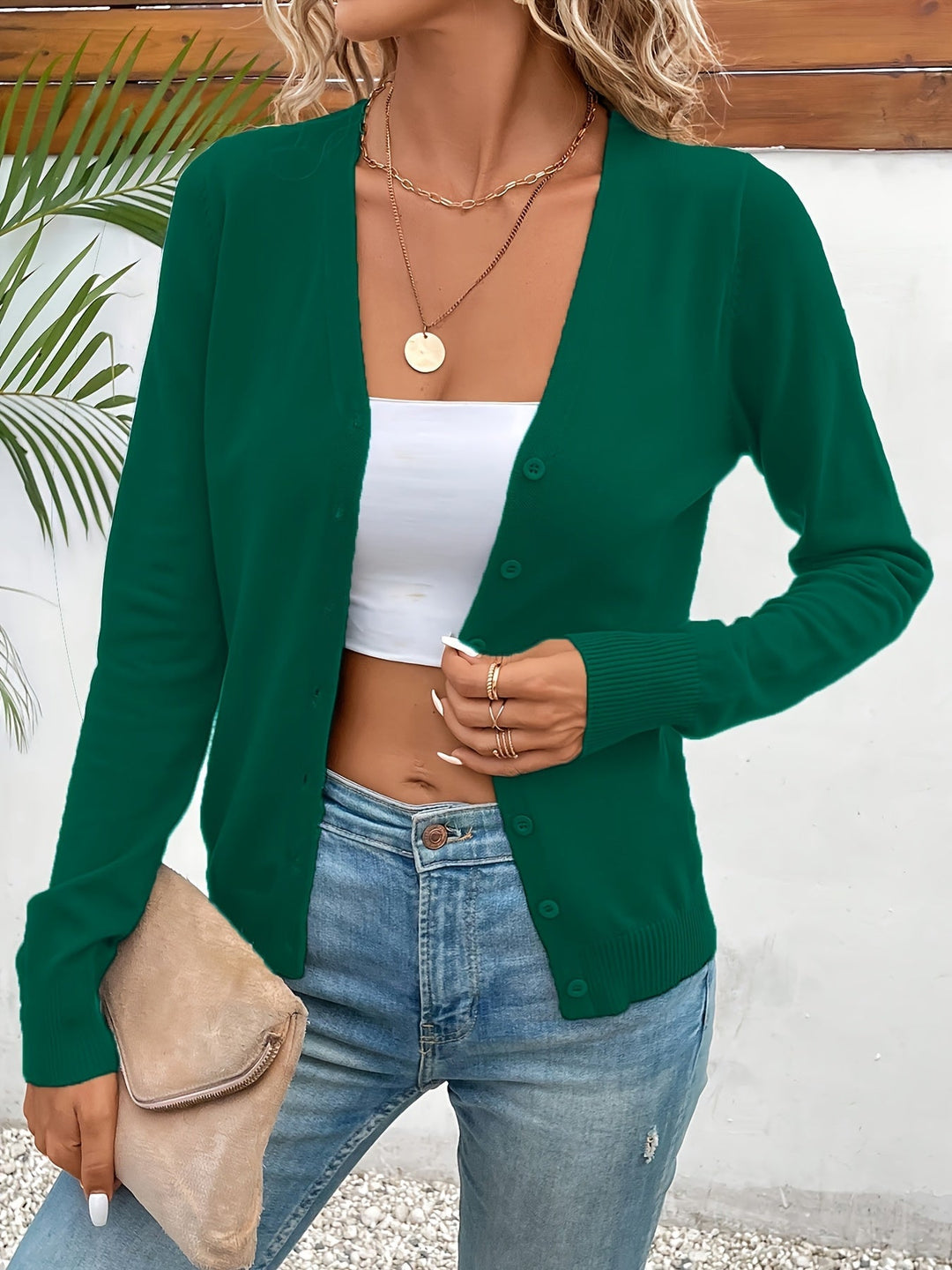 Women's Classic V-Neck Cardigan with Ribbed Cuffs