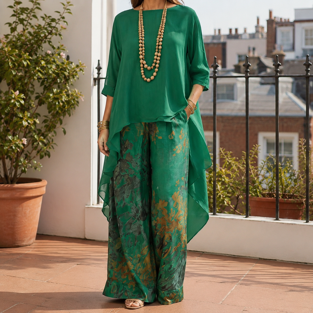 Women's Co-ord Set with Asymmetric Tunic and Floral Wide Leg Trousers Green