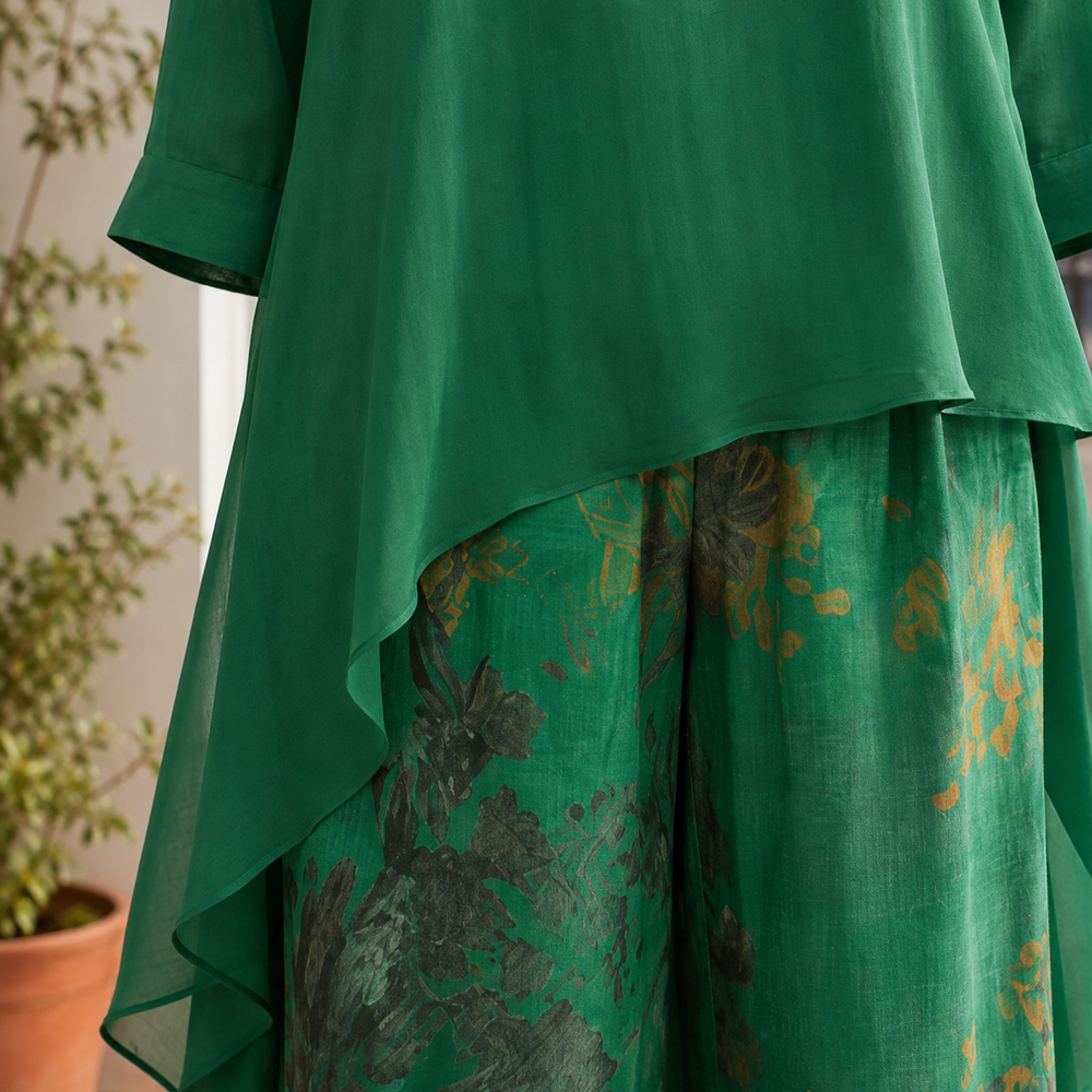 Women's Co-ord Set with Asymmetric Tunic and Floral Wide Leg Trousers Green