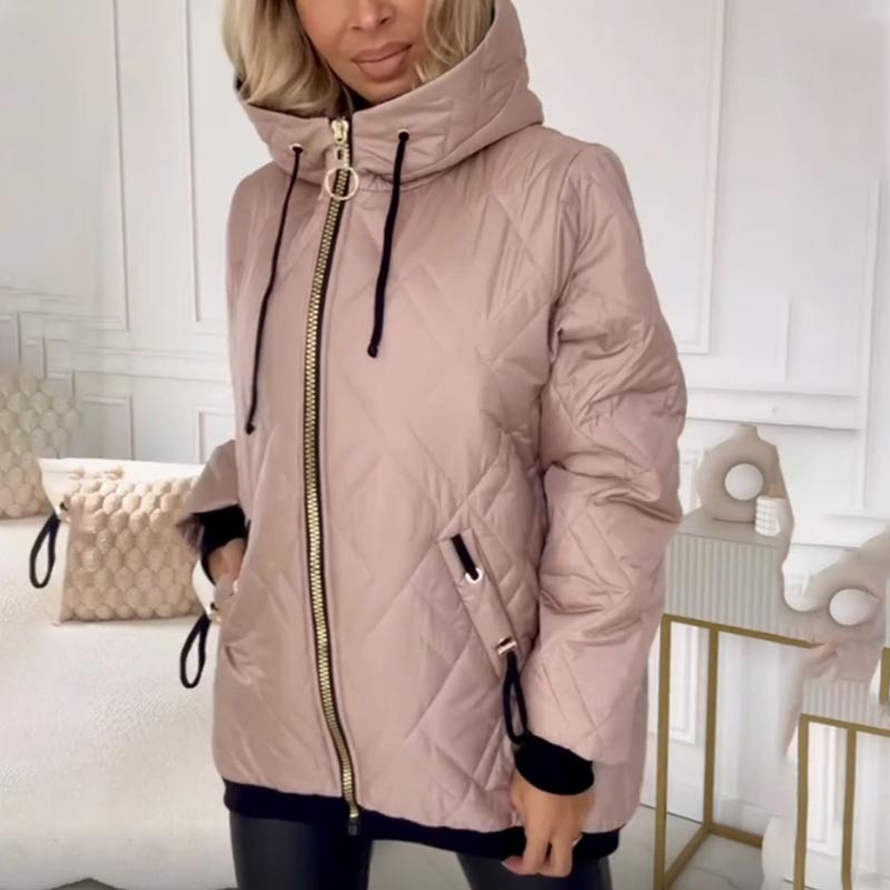 Women's Diamond Quilted Jacket with Hood and High Zip Collar Pink