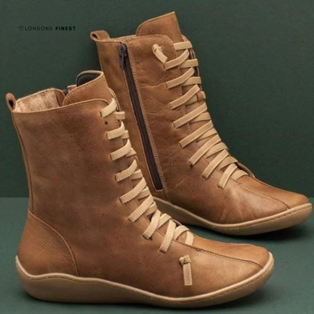 Women's Flat Lace-Up Mid-Calf Winter Boots with Side Zip Brown