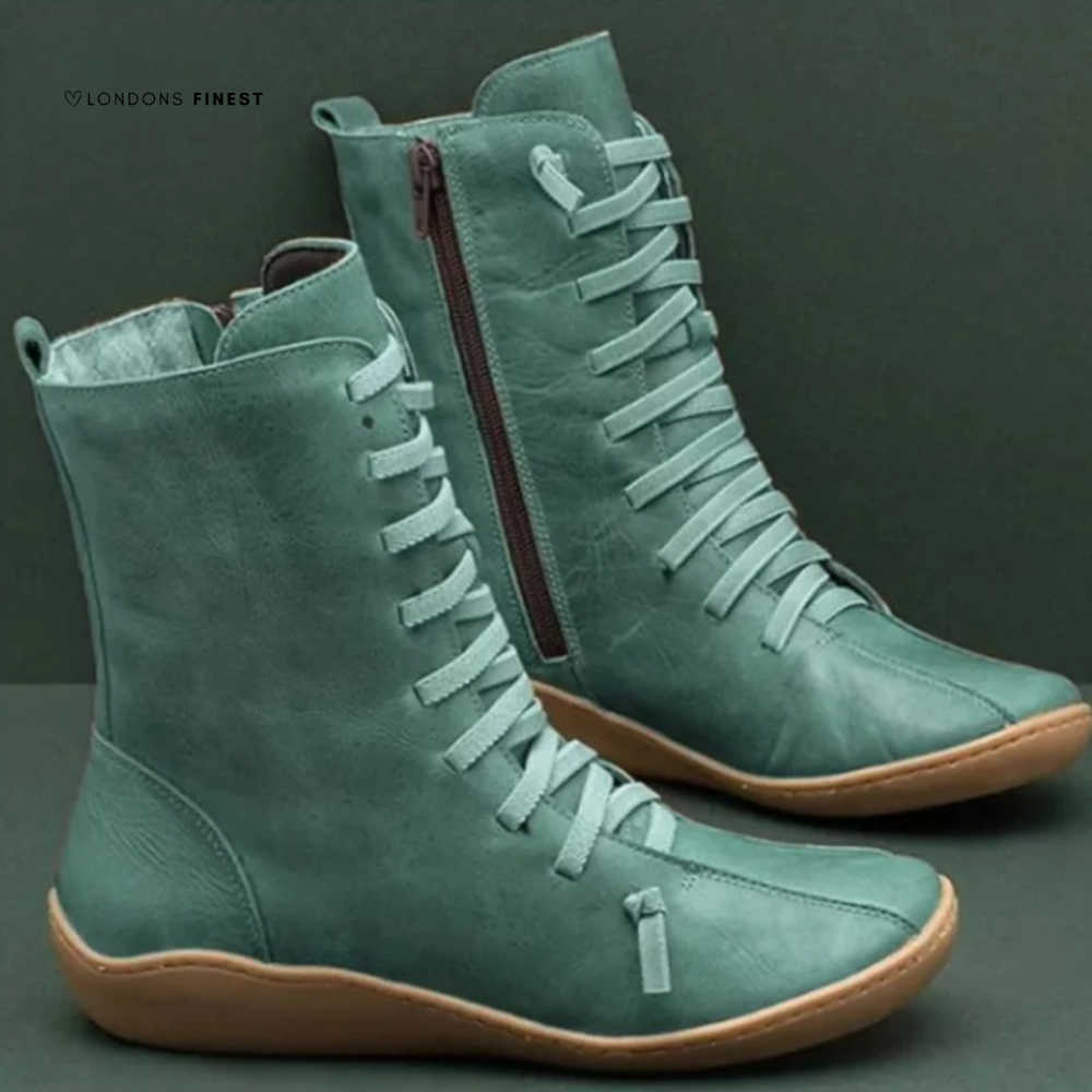 Women's Flat Lace-Up Mid-Calf Winter Boots with Side Zip Green