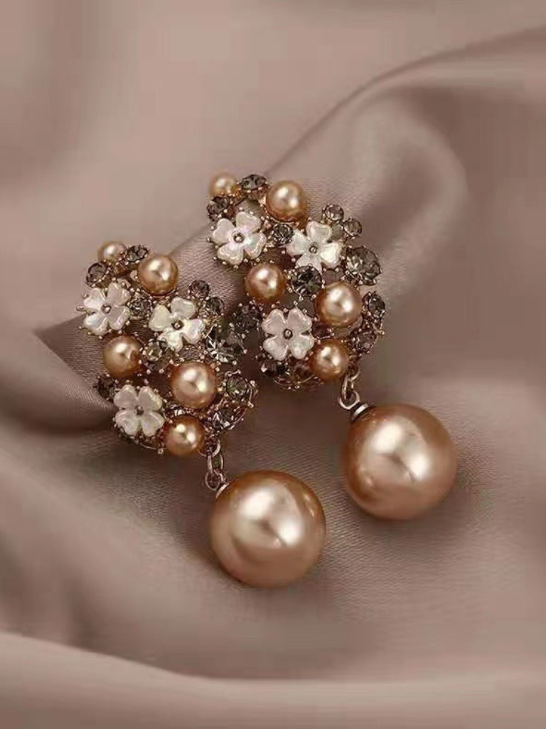 Women's Floral Drop Earrings with Bead Drop and Sparkling Detail Rose Gold