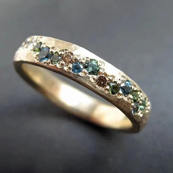 Women's Hammered Band Ring with Scattered Gem Accents