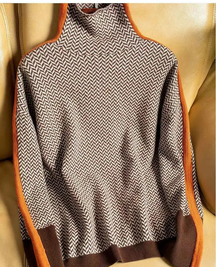 Women's Herringbone Pattern Turtleneck Jumper with Soft Drape Orange