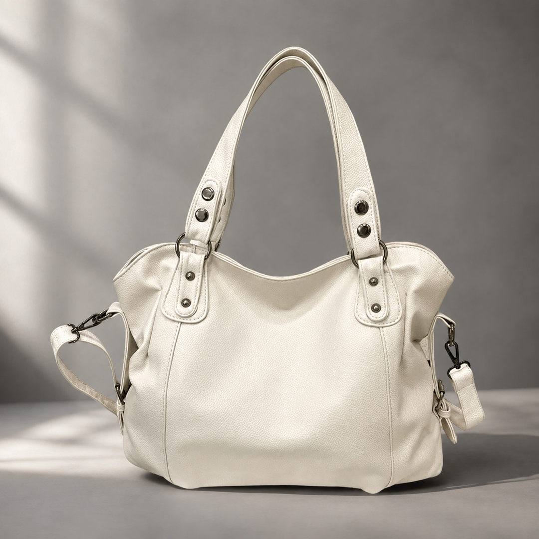 Women's Hobo Bag with Rivet Handles and Detachable Crossbody Strap Beige