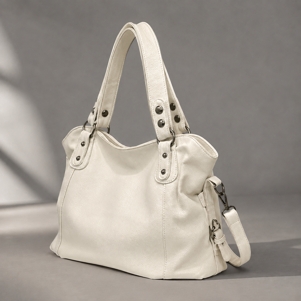 Women's Hobo Bag with Rivet Handles and Detachable Crossbody Strap Beige