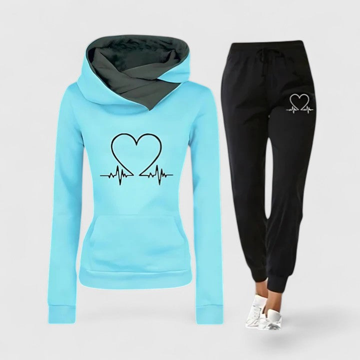 Women's Hooded Lounge Set with Heartbeat Graphic and Matching Joggers Blue