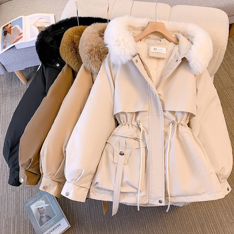 Women's Hooded Winter Coat with Plush Trim and Adjustable Waist