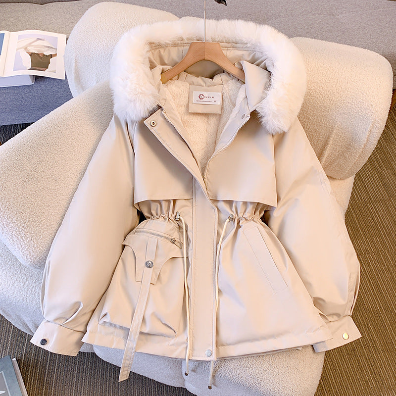 Women's Hooded Winter Coat with Plush Trim and Adjustable Waist White